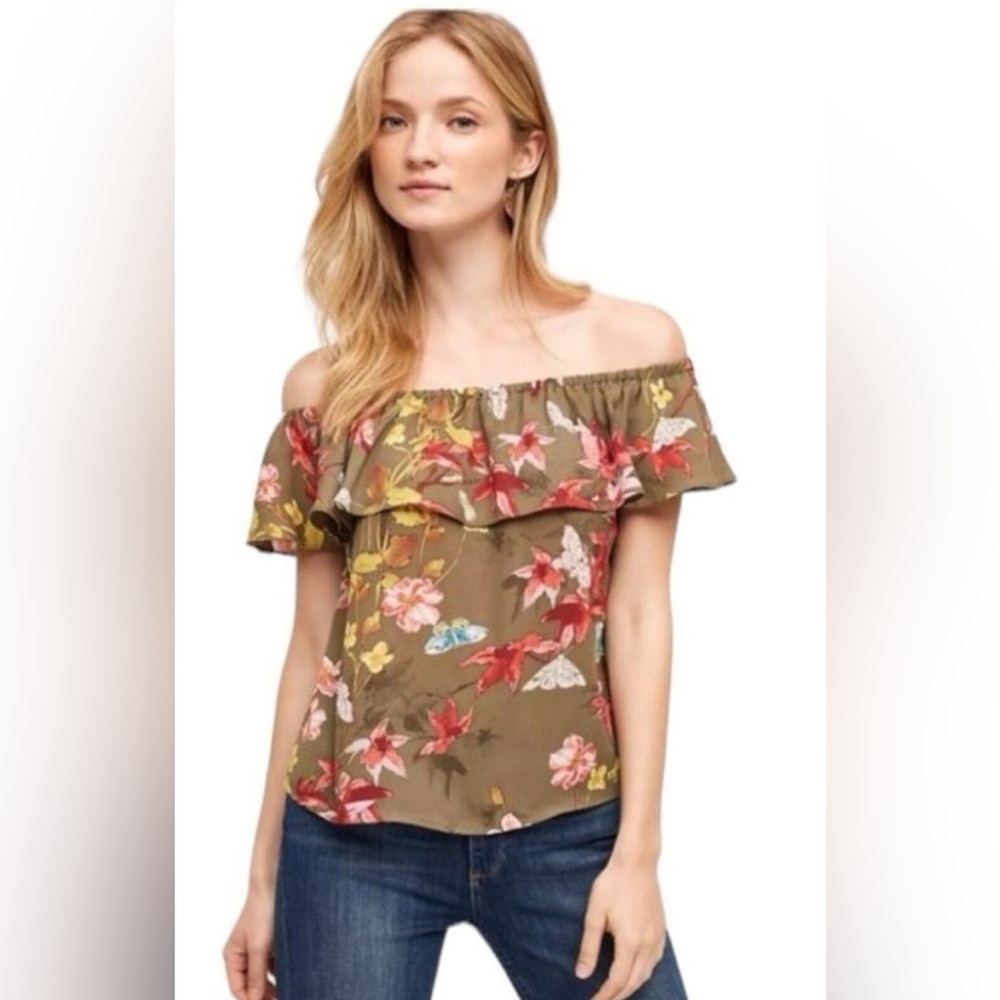 Anthropologie | Maeve Green Valitta Off The Shoulder Floral Top | Size S